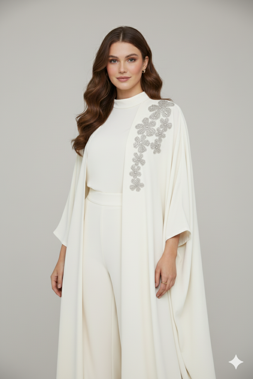 Silver Floral Embroidered Abaya 3 Pc Set