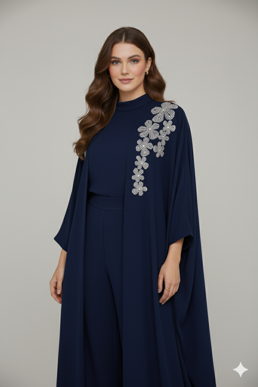 Silver Floral Embroidered Abaya 3 Pc Set