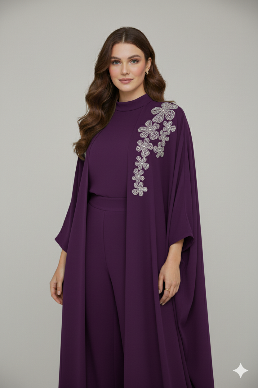 Silver Floral Embroidered Abaya 3 Pc Set