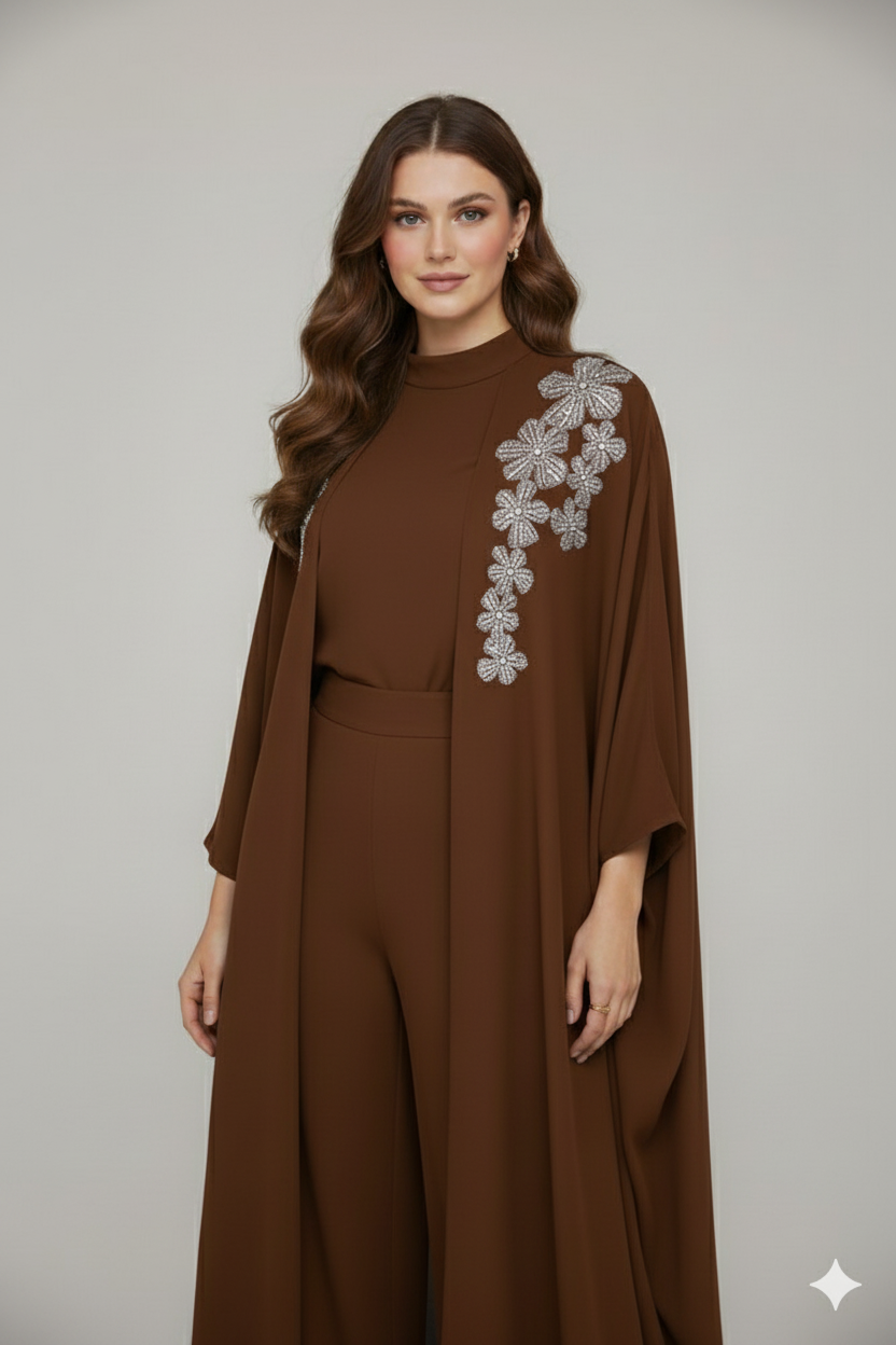 Silver Floral Embroidered Abaya 3 Pc Set