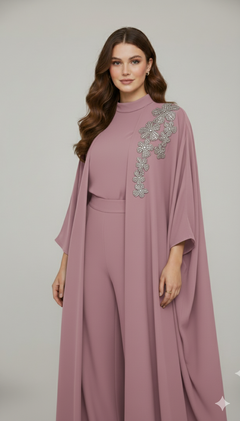 Silver Floral Embroidered Abaya 3 Pc Set