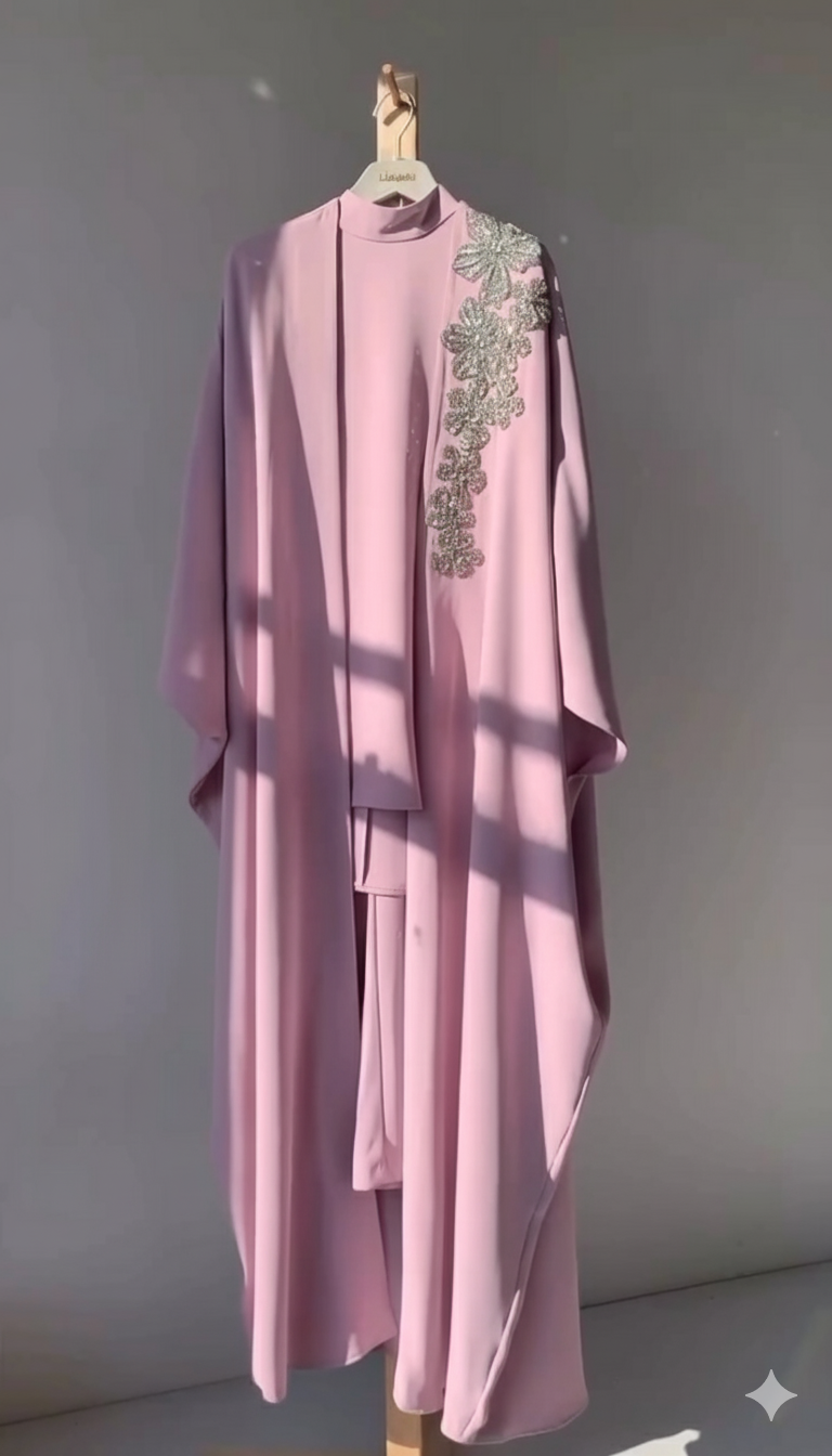 Silver Floral Embroidered Abaya 3 Pc Set