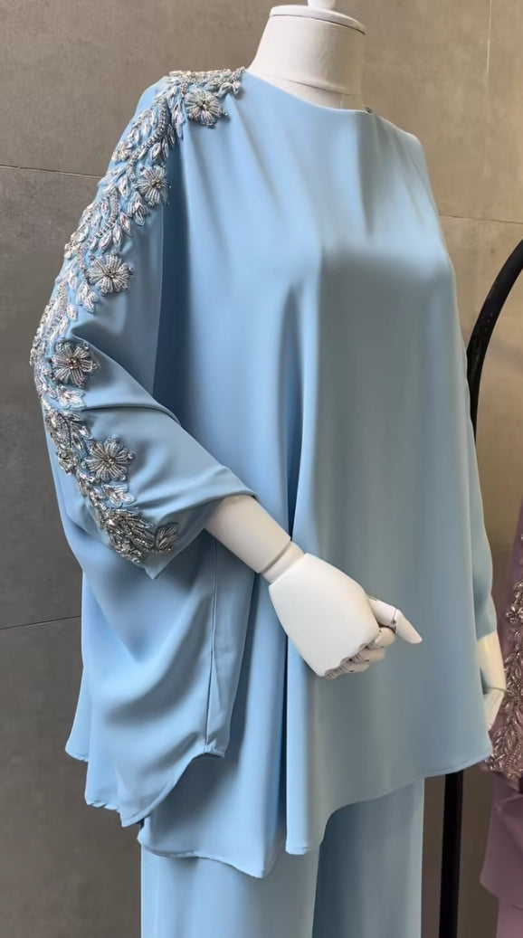 Two-Piece Co_rd Set with Elegant Leaf Embroidery