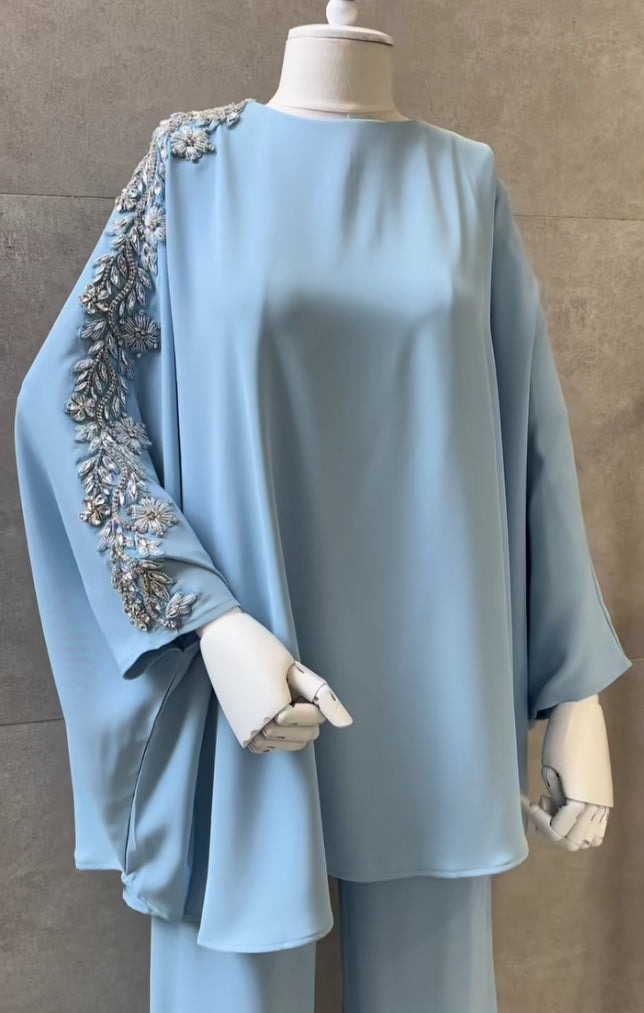 Two-Piece Co_rd Set with Elegant Leaf Embroidery