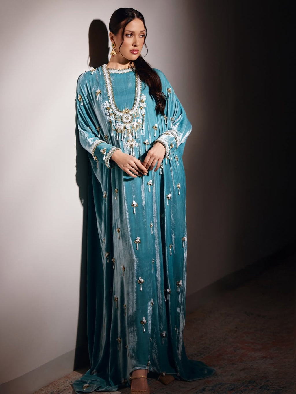 Royal Velvet Kaftan Gown with Intricate Sleeve Embroidery