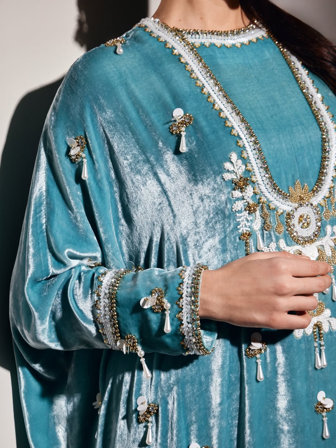Royal Velvet Kaftan Gown with Intricate Sleeve Embroidery